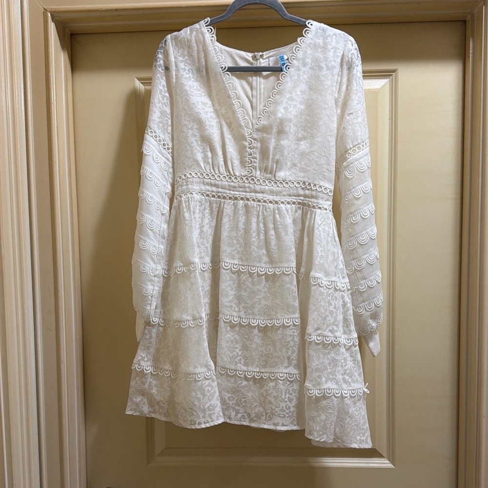 Champagne & Strawberry long sleeved white Lace Tiered Mini Dress